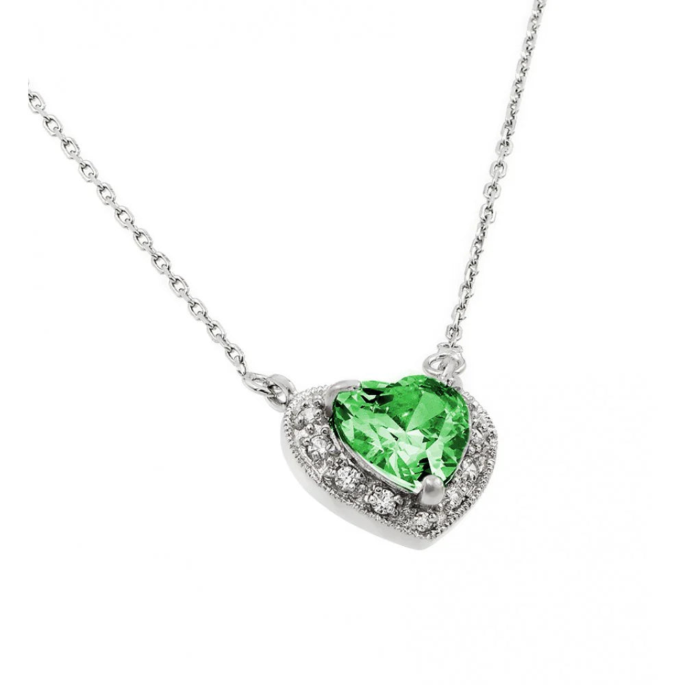 925 Sterling Silver Rhodium Plated CZ Heart Birthstone Necklace