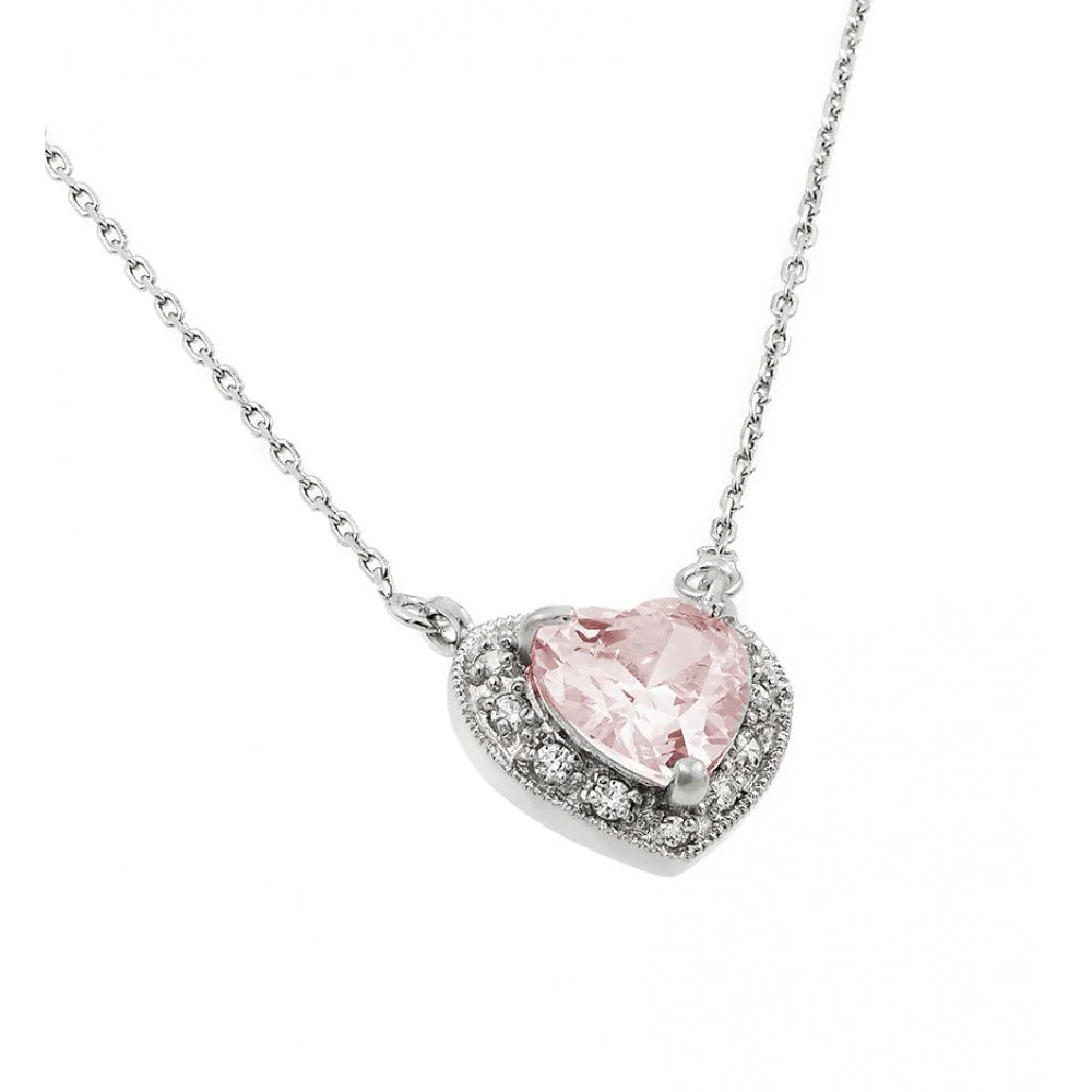 925 Sterling Silver Rhodium Plated CZ Heart Birthstone Necklace