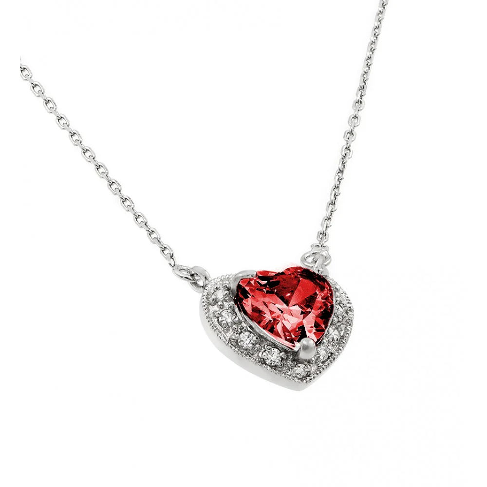 925 Sterling Silver Rhodium Plated CZ Heart Birthstone Necklace