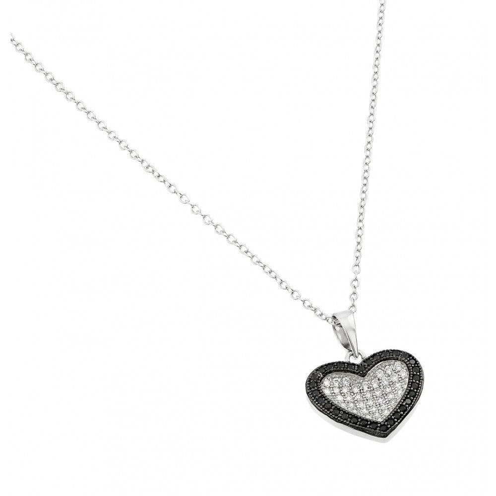 925 Silver Rhodium and Black Rhodium Plated Clear CZ Pave Pendant Necklace