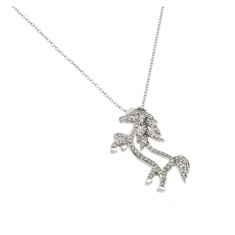 925 Silver Rhodium Plated Clear CZ Standing Horse Pendant Necklace
