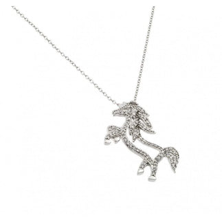 925 Silver Rhodium Plated Clear CZ Standing Horse Pendant Necklace
