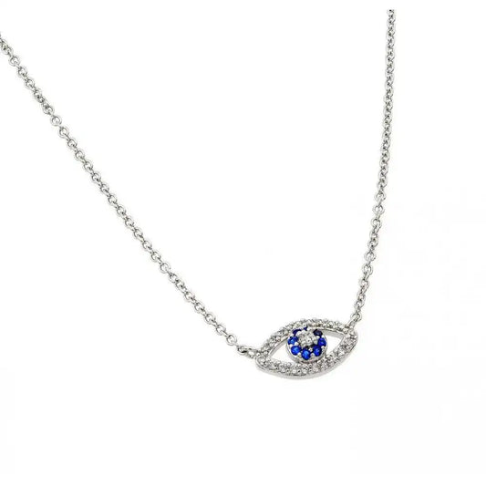 925 Sterling Silver Rhodium Plated Clear and Blue CZ Eye Pendant Necklace