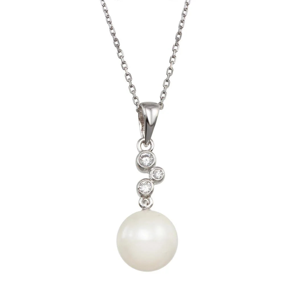925 Sterling Silver Rhodium Plated Synthetic Pearl CZ Drop Necklace