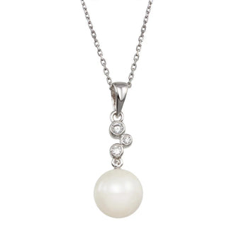 925 Sterling Silver Rhodium Plated Synthetic Pearl CZ Drop Necklace