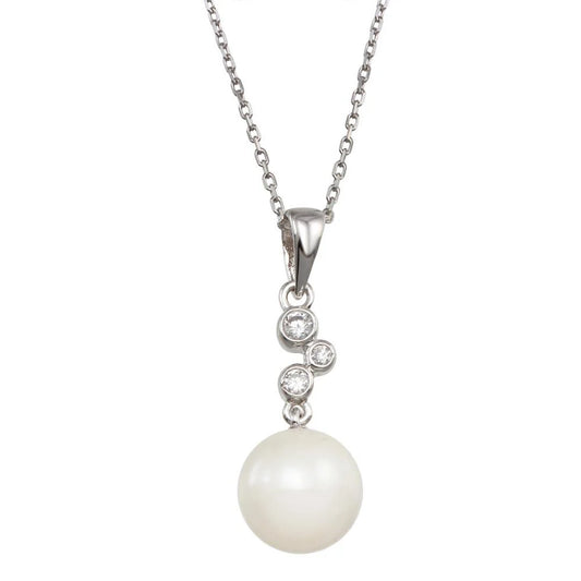 925 Sterling Silver Rhodium Plated Synthetic Pearl CZ Drop Necklace