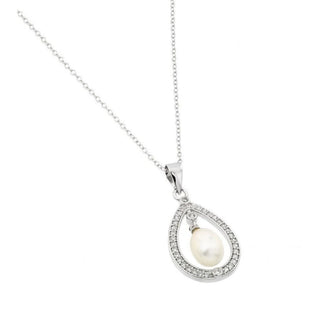 925 Silver Rhodium Plated Fresh Water Pearl Surrounded by Clear CZ Pendant Necklace