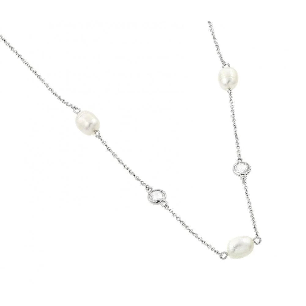 925 Silver Rhodium Plated Clear CZ Fresh-water Pearl Pendant Necklace
