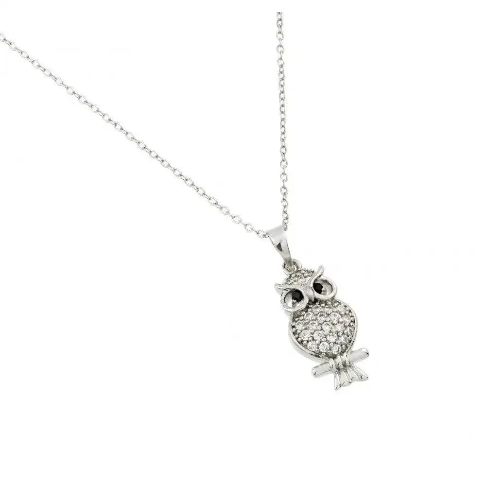 925 Sterling Silver Rhodium Plated Owl Pendant with CZ