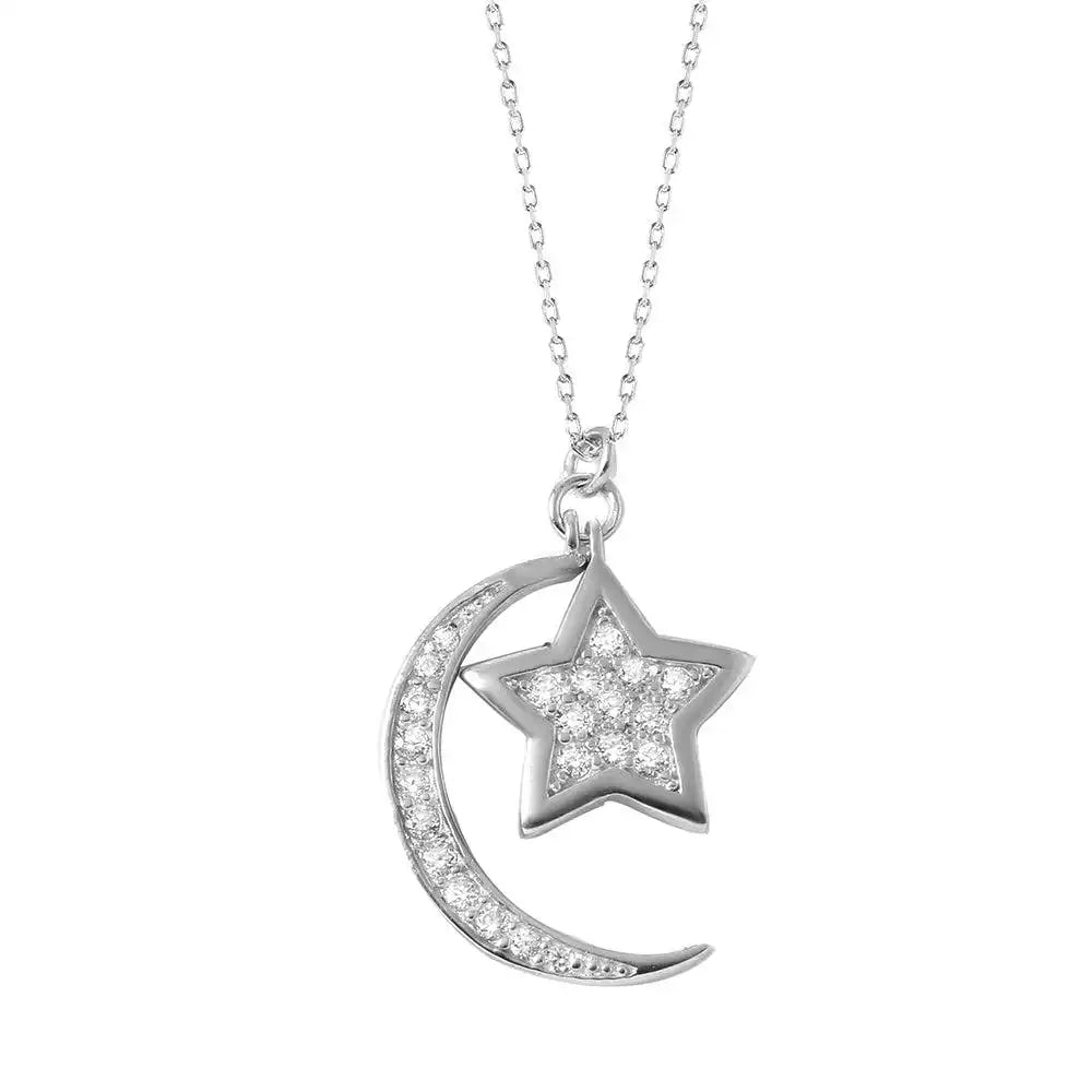 925 Sterling Silver Rhodium Plated Moon Star Necklace
