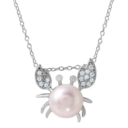 925 Sterling Silver Rhodium Plated CZ & Pearl Crab Pendant Necklace