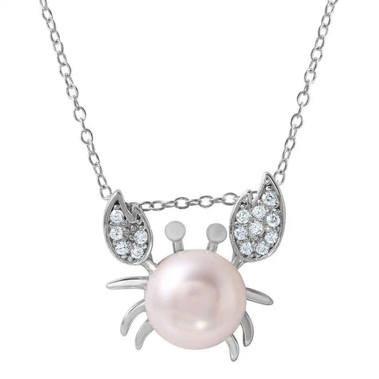 925 Sterling Silver Rhodium Plated CZ & Pearl Crab Pendant Necklace