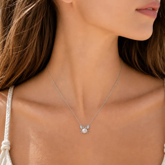 925 Sterling Silver Rhodium Plated CZ & Pearl Crab Pendant Necklace