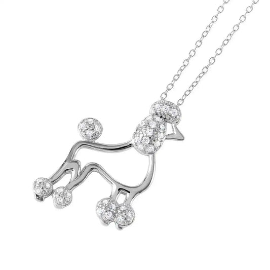 925 Sterling Silver Rhodium Plated CZ French Poodle Charm Necklace