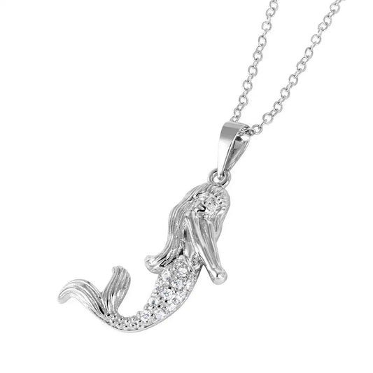 925 Sterling Silver Rhodium Plated CZ Mermaid Charm Necklace