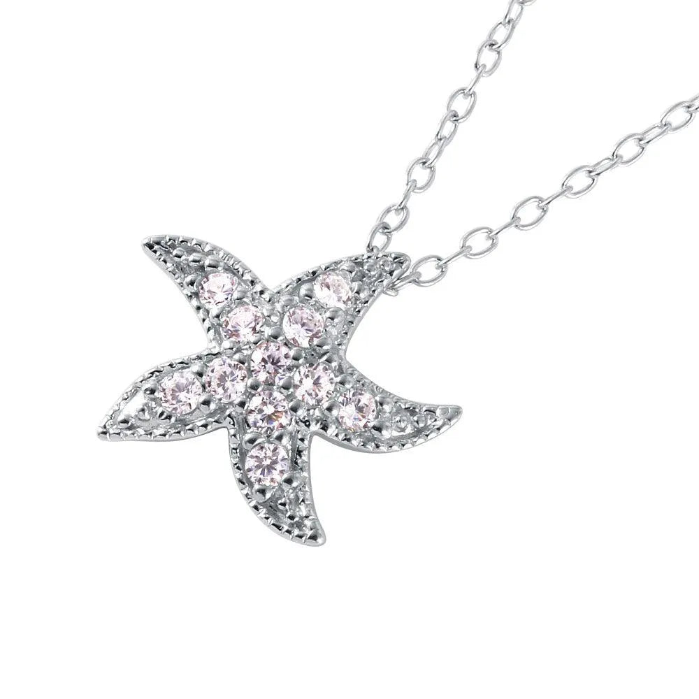 925 Sterling Silver Rhodium Plated CZ Starfish Pendant Necklace