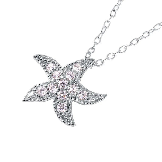 925 Sterling Silver Rhodium Plated CZ Starfish Pendant Necklace