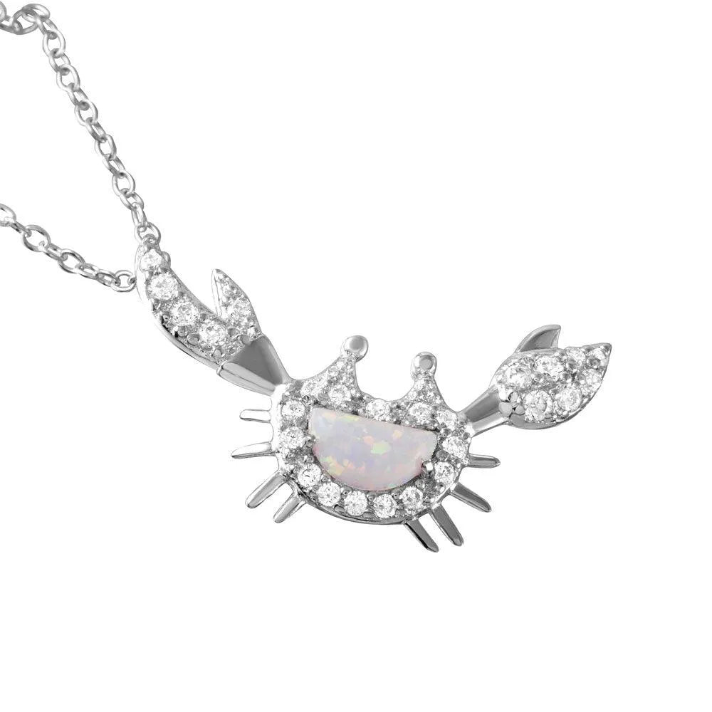 925 Sterling Silver Rhodium Plated Crescent Opal Round CZ Crab Pendant Necklace