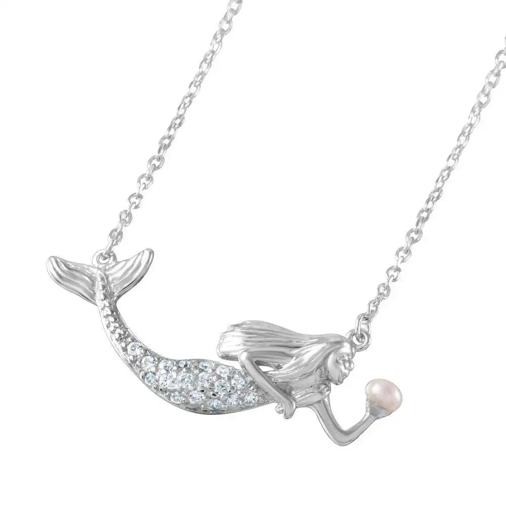 925 Sterling Silver Rhodium Plated Clear CZ and Pearl Mermaid Necklace