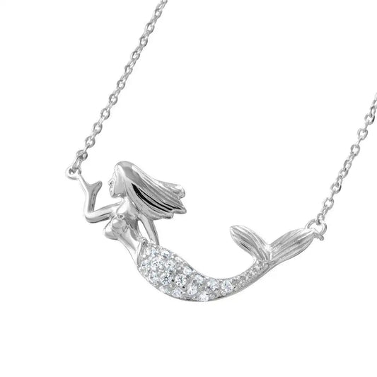 925 Sterling Silver Rhodium Plated Clear CZ Mermaid Necklace