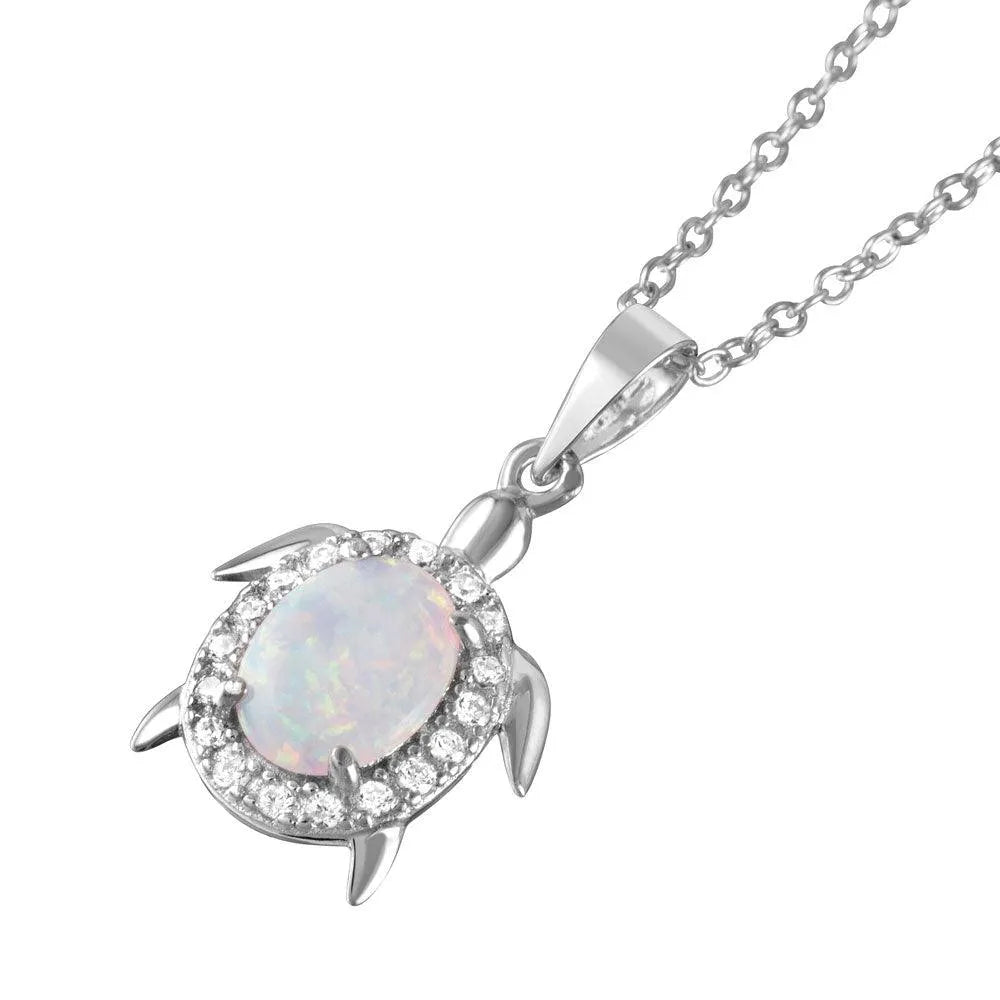 925 Sterling Silver Rhodium Plated Oval Opal Clear CZ Tiny Turtle Pendant Necklace