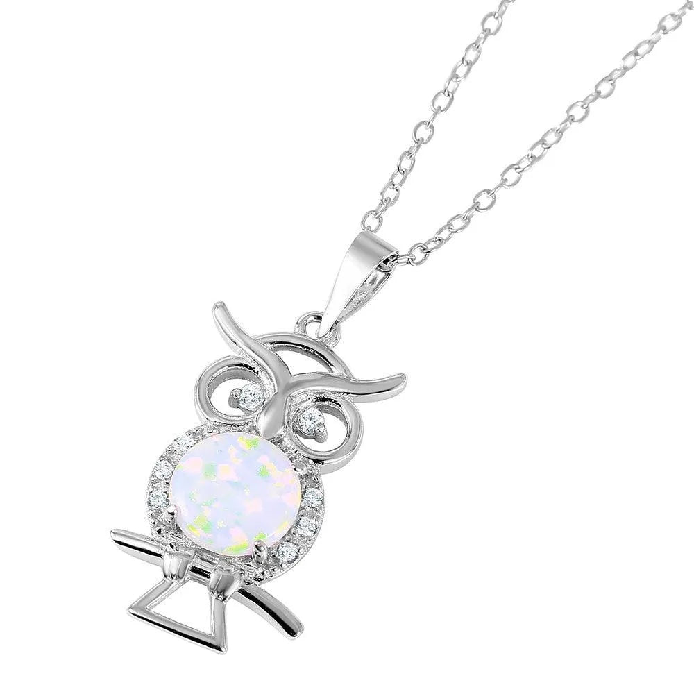 925 Sterling Silver Nickel Free Rhodium Plated Owl with Opal Center Stone Necklace