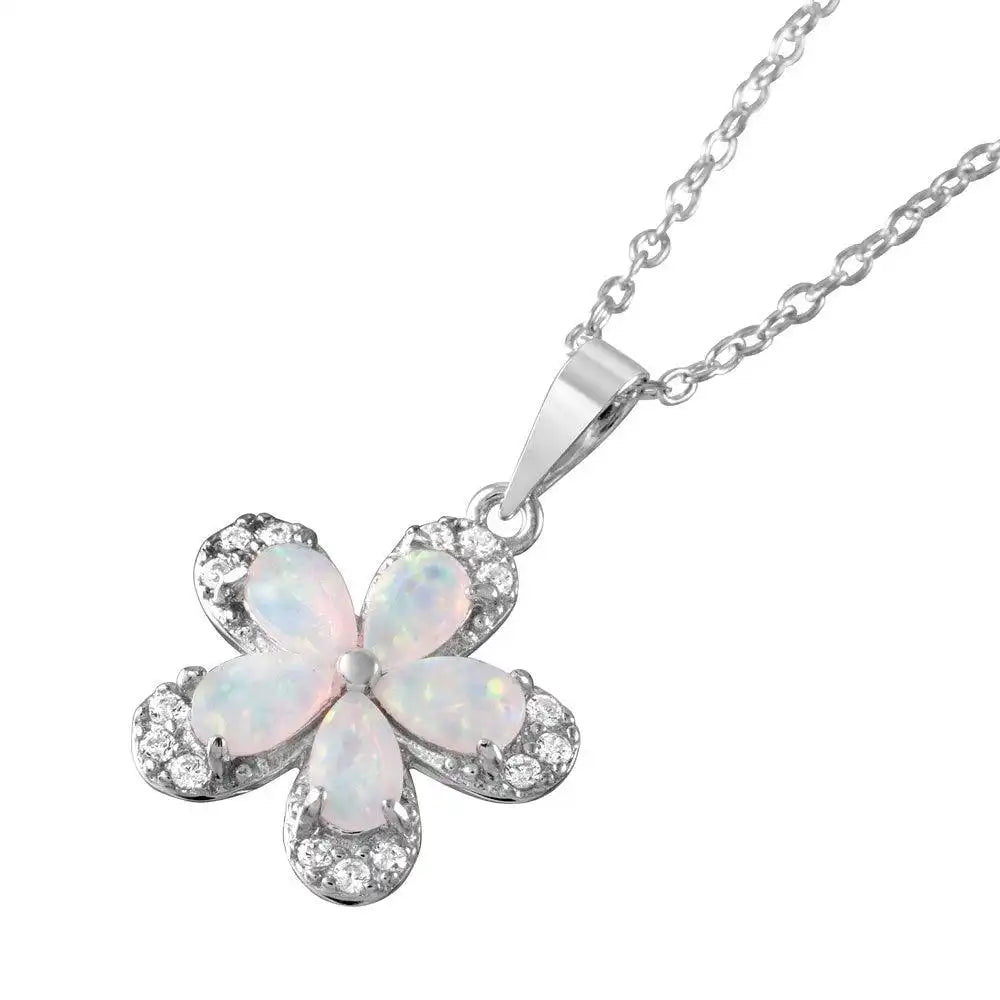 925 Sterling Silver Rhodium Plated Clear CZ Flower Pear Opal Pendant Necklace