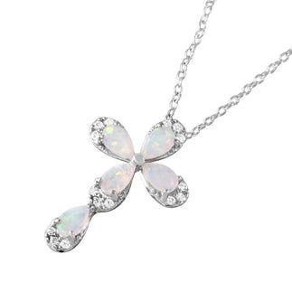 925 Sterling Silver Rhodium Plated Silver Pear Opal Clear CZ Cross Pendant Necklace