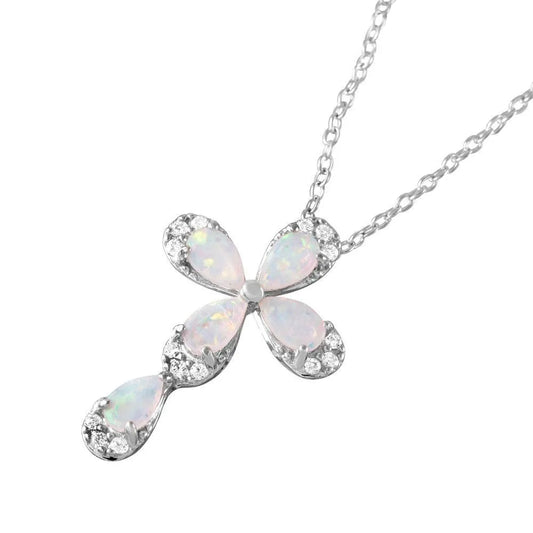 925 Sterling Silver Rhodium Plated Silver Pear Opal Clear CZ Cross Pendant Necklace