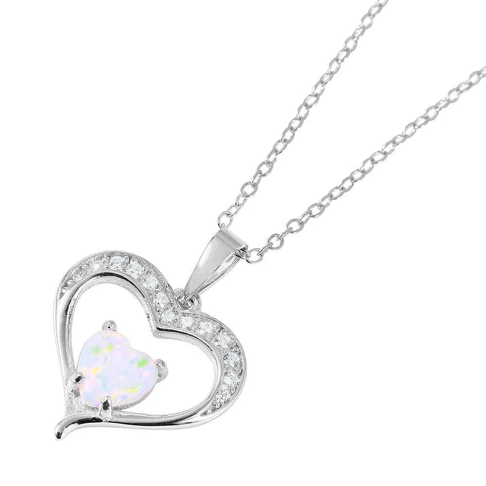 925 Sterling Silver Nickel Free Rhodium Plated Open Heart with CZ and Synthetic Opal Necklace