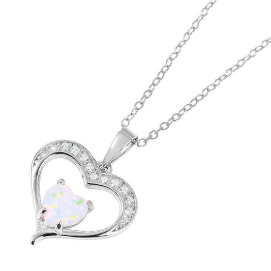 925 Sterling Silver Nickel Free Rhodium Plated Open Heart with CZ and Synthetic Opal Necklace