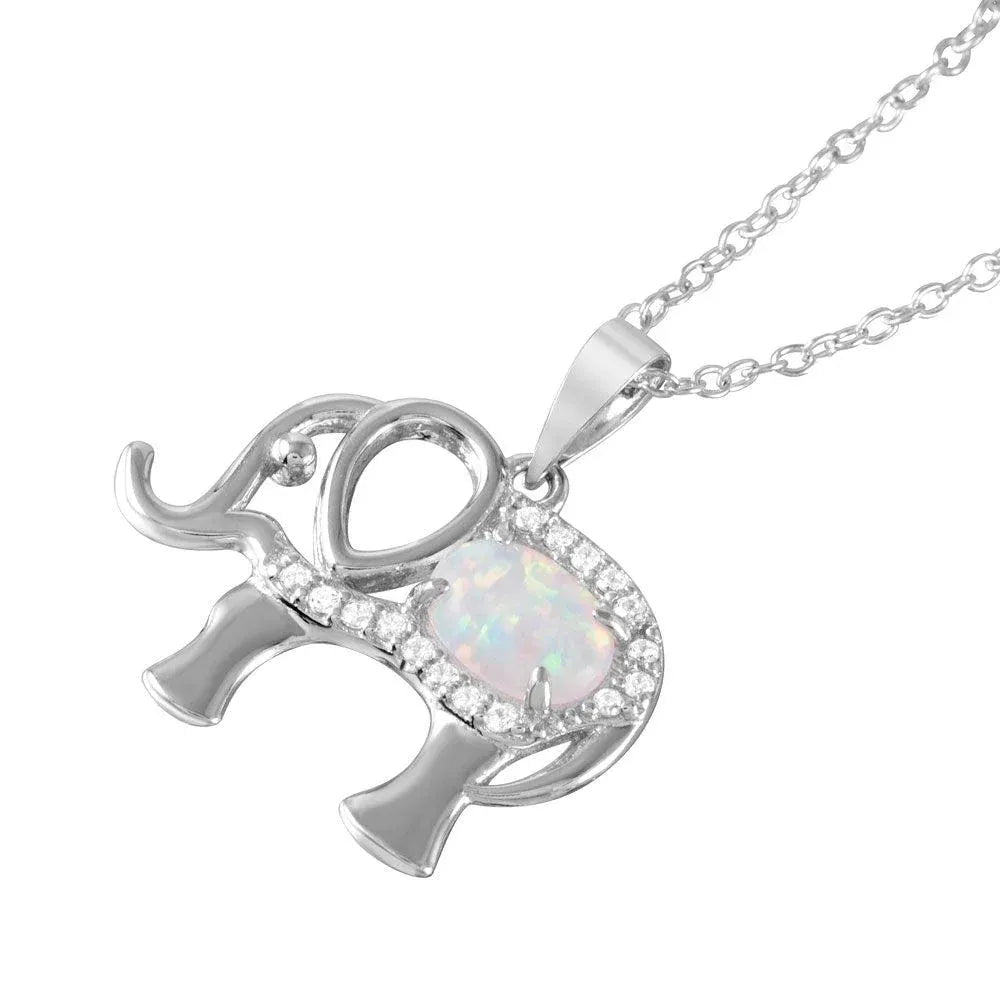 925 Sterling Silver Rhodium Plated Opal Clear CZ Elephant Pendant Necklace