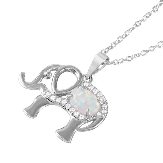 925 Sterling Silver Rhodium Plated Opal Clear CZ Elephant Pendant Necklace