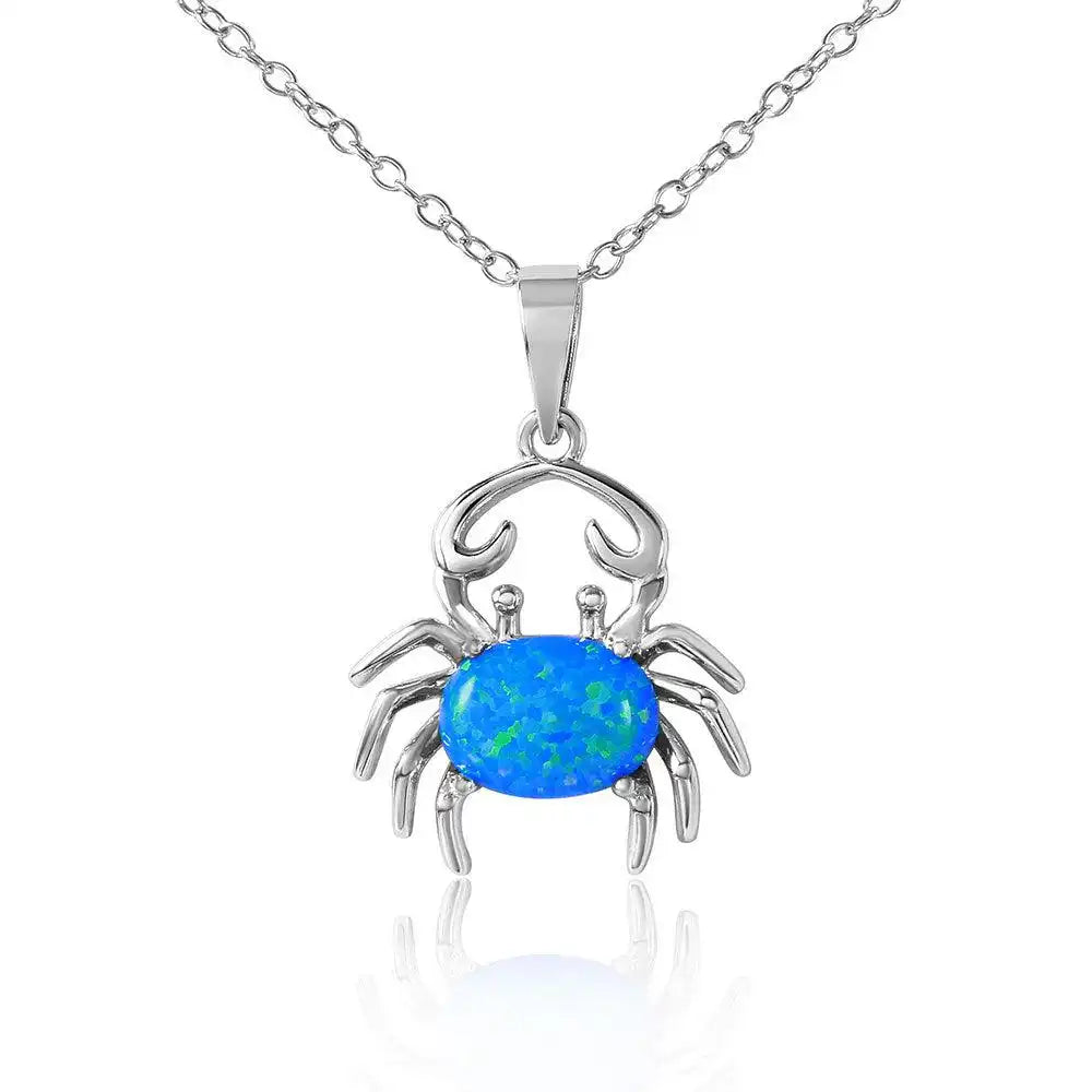 925 Sterling Silver Rhodium Plated Crab with Synthetic Blue Opal Necklace