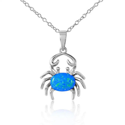 925 Sterling Silver Rhodium Plated Crab with Synthetic Blue Opal Necklace