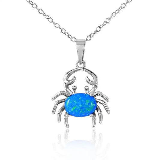925 Sterling Silver Rhodium Plated Crab with Synthetic Blue Opal Necklace