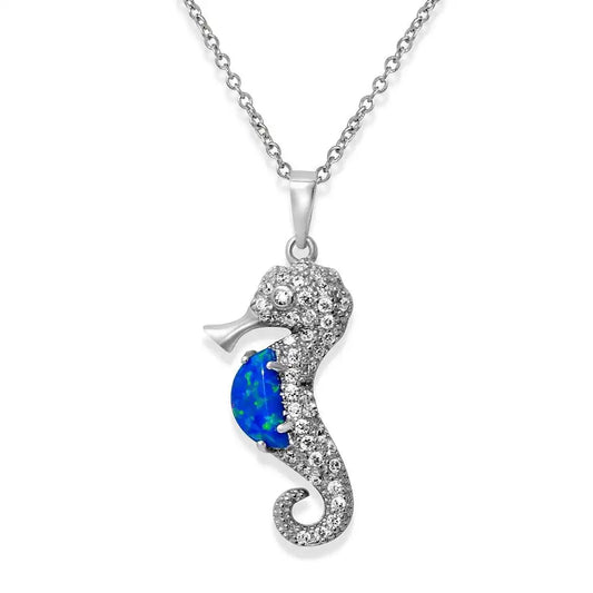 925 Sterling Silver Rhodium Plated Sea Horse with CZ and Synthetic Blue Opal Necklace