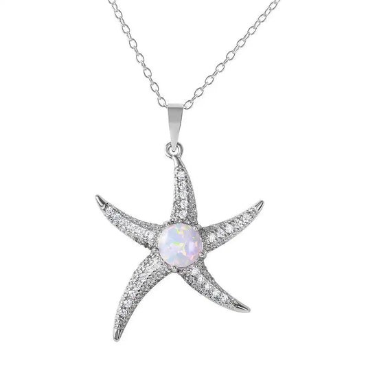 925 Sterling Silver Rhodium Plated CZ Starfish with White Center Stone Necklace