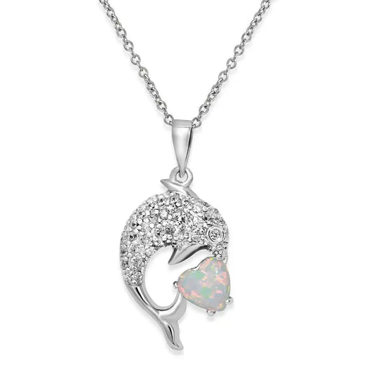 925 Sterling Silver Rhodium Plated CZ Dolphin Necklace with Synthetic Opal