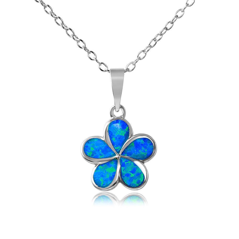 925 Silver Rhodium Plated Blue Opal Stone Hibiscus Flower Necklace