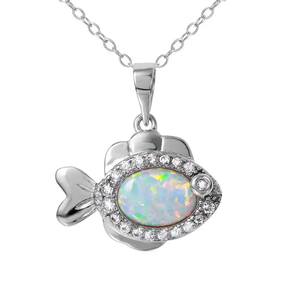 925 Sterling Silver Rhodium Plated Fish with CZ and Synthetic Opal Necklace