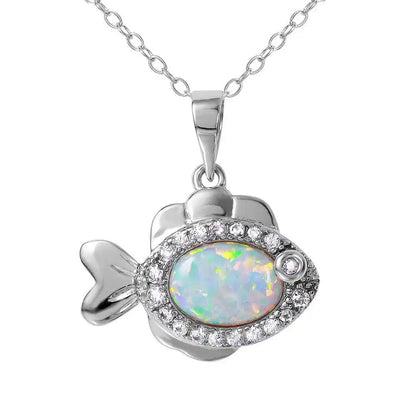 925 Sterling Silver Rhodium Plated Fish with CZ and Synthetic Opal Necklace