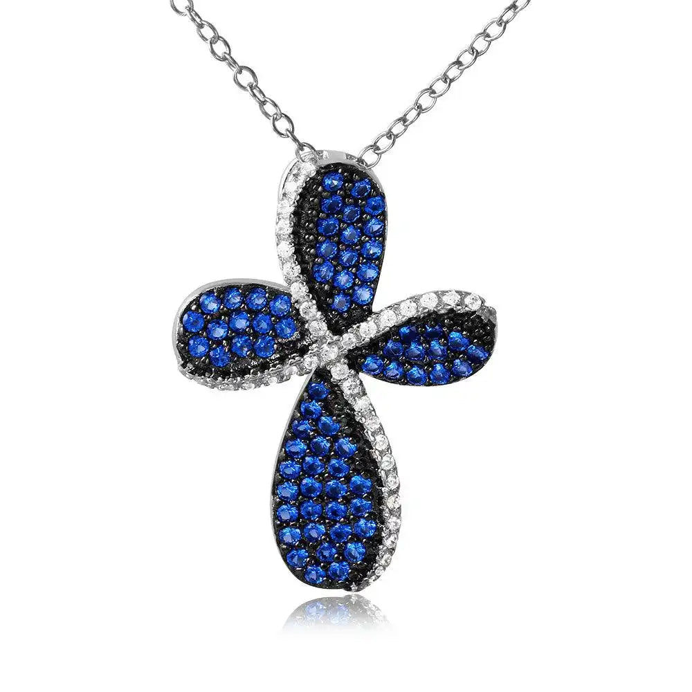 925 Sterling Silver Black Rhodium and Rhodium Plated Cross with Blue and Clear CZ