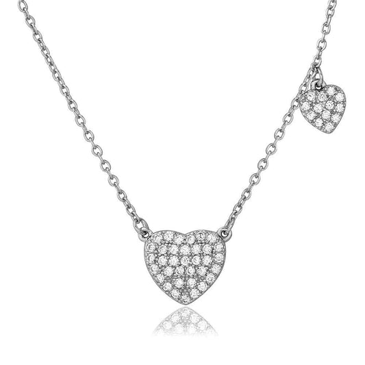 925 Silver Rhodium Plated CZ Covered Heart Necklace