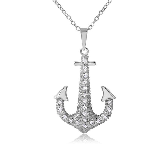 925 Silver Rhodium Plated CZ Anchor Necklace