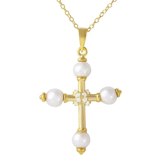 925 Silver Gold Plated Cross with Synthetic Pearl Necklace