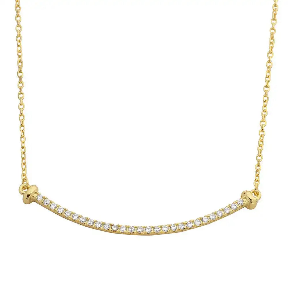 925 Sterling Silver Gold Plated Curved CZ Bar Necklace