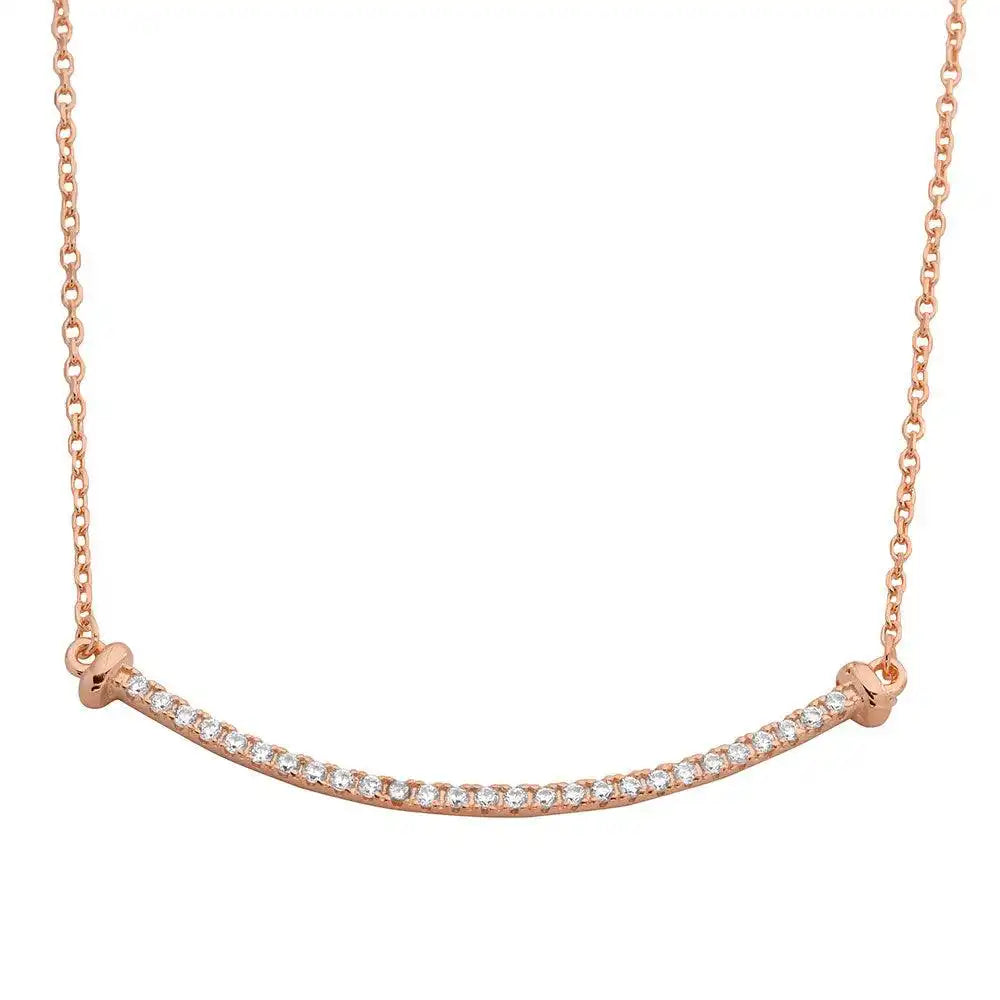 925 Sterling Silver Rose Gold Plated Curved CZ Bar Necklace