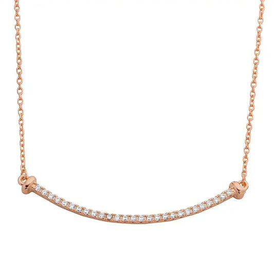925 Sterling Silver Rose Gold Plated Curved CZ Bar Necklace