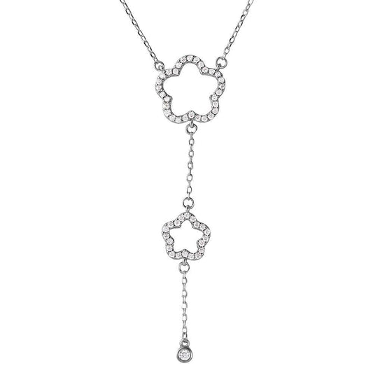 925 Silver Rhodium Plated Double Open CZ Clover Drop Necklace